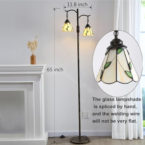 Vintage Dimmable Floor Lamp with 2 Tiffany Shades - 65 inch Bronze Standing Light