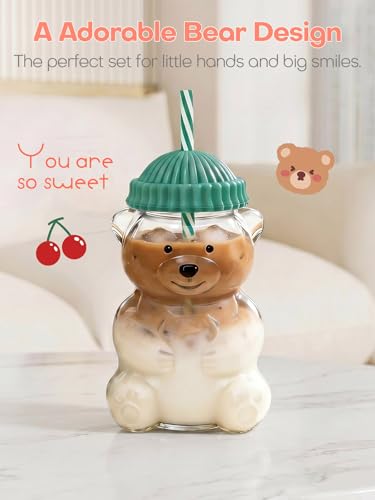 Pink & Green 20oz Bear Glass Cup with Lid & Reusable Straw - 2 Pack