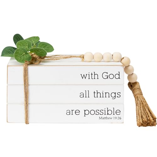 Decorative Books for Home Decor, Faux Books for Table Decorations,Rustic Farmhouse Decor Books with Wood Beads String for Shelf Coffee Table Mantle Decoration (with God)