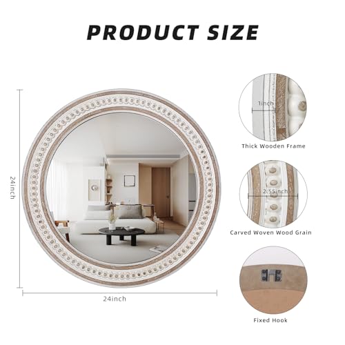 24 Inch Round Wooden Bathroom Mirror - Rustic Farmhouse Wall Decor - Style 1