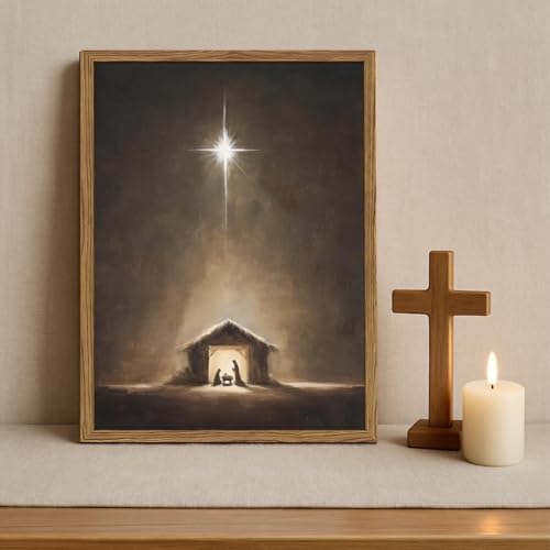 24x16 Inch Nativity Scene Wall Art Jesus Bethlehem Star Canvas Framed Religious Decor