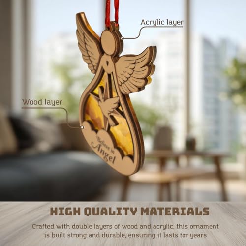TSIMPLE Angel Ornament for Christmas Tree & Car Rearview Mirror – Religious Holiday Decoration, Double Layer Wood & Acrylic, Holiday Keepsake (Angel Listing)