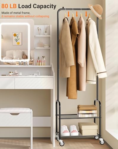 AOODA Small Black Rolling Clothes Rack with Shelves - 18.5" Portable Garment Rack
