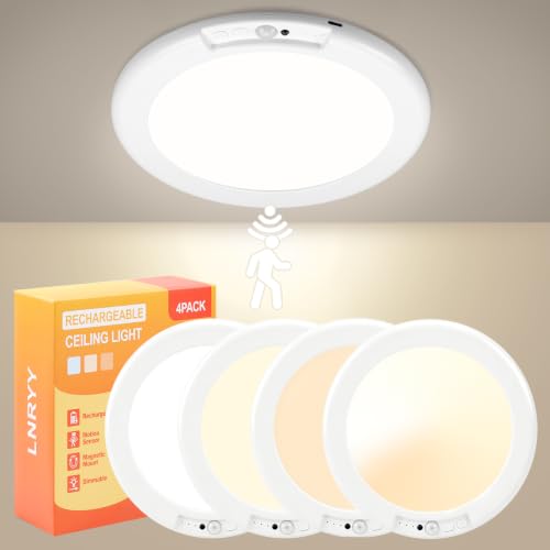 White Rechargeable Motion Sensor Ceiling Light with Remote - 4 Pack