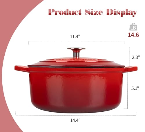 7 Quart Enamel Cast Iron Dutch Oven Pot with Lid - Red, Round, Oven Safe 500°F, Dual Handles