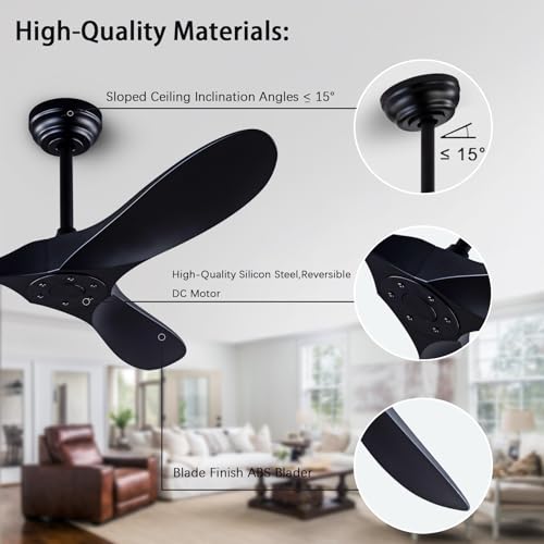 52-inch Black Ceiling Fan with Remote Control, Reversible, Quiet, No Lights