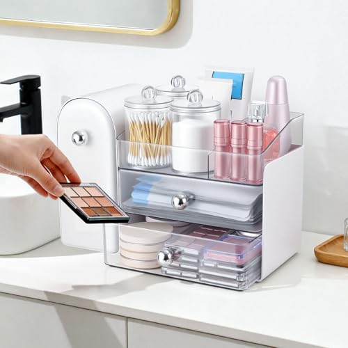 White Makeup Organizer with Brush Holder, Large Capacity, Dustproof - TRQWRO