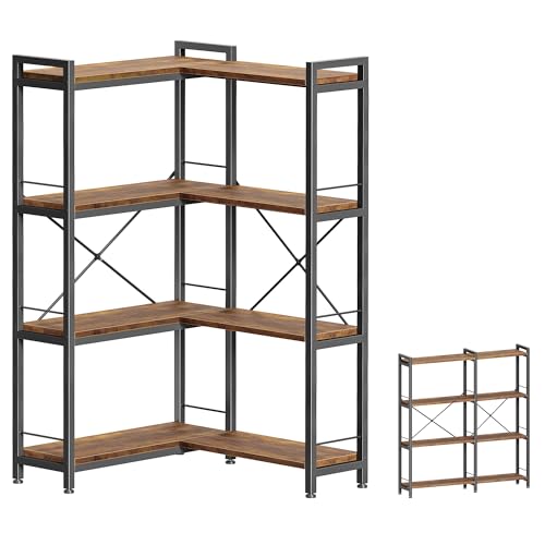 Huuger 4 Tier L-Shaped Corner Bookshelf - Rustic Brown, 8 Shelves, Metal Frame