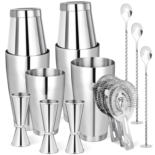 Silver Cocktail Shaker Set - 15-Piece Bartending Kit for Home & Bar