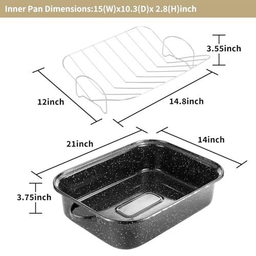 Large 21 Inch Roasting Pan with Lid, V Rack, Turkey Baster & 25lb Capacity