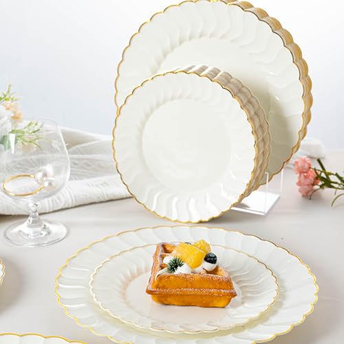 Ivory Scalloped Plastic Plates with Gold Rim - 96pcs Party & Wedding Set - Ivory 96pcs
