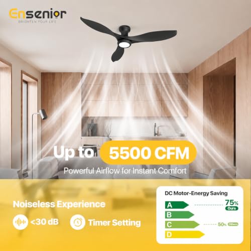Ensenior 52 Inch Black Flush Mount Ceiling Fan with Lights & Remote