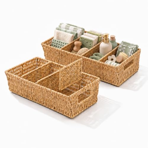2-Pack Rattan Pantry Organizer Baskets with Removable Dividers - Kitchen & Home Storage