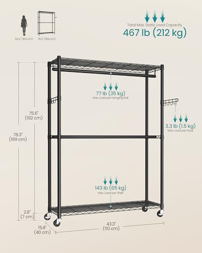SONGMICS Portable Heavy-Duty Clothes Rack 43.3"W-Black Steel Garment Organizer