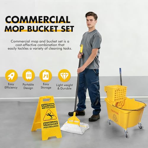 Commercial Mop Bucket Set with 2 Mop Heads & Caution Sign - 38 Quart