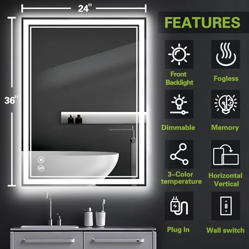 WUENLux 24x36'' LED Bathroom Mirror Anti-Fog Dimmable with 3 Color Lights & Memory