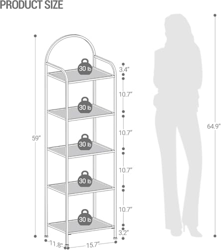 Gold 5-Tier Tempered Glass Bookcase with Steel Frame - 11.8D x 15.7W x 59.1H