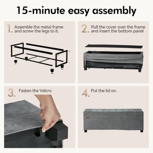 Chenille Storage Ottoman Bench Gray 43.5"W x 15.7"D x 15.7"H with Metal Frame