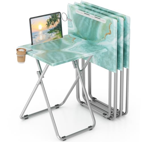 Sea Blue Marble 4-Piece Folding TV Tray Set - Portable Dinner & Snack Tables