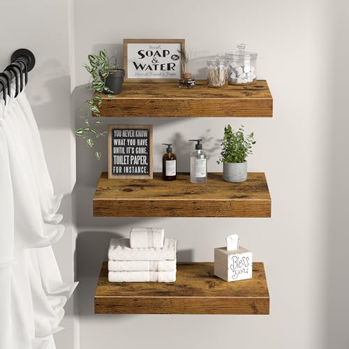 QEEIG 10-Inch Deep Floating Wall Shelves Set of 3 in Brown – Under TV, Fireplace, or Entryway Storage