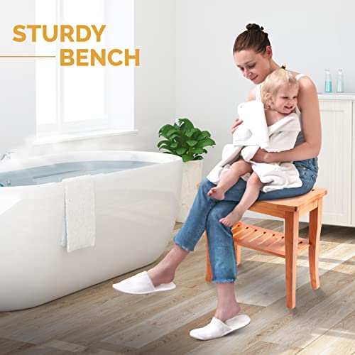 Bambüsi Bamboo Shower Bench with Storage Shelf, Non Slip Feet - Compact Spa Seat