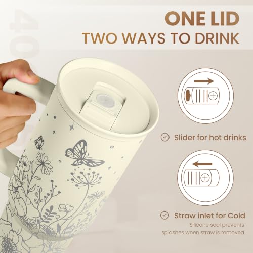 Floral 40oz Insulated Stainless Steel Travel Mug with Handle for Coffee & Drinks - Gift for Women & Girls