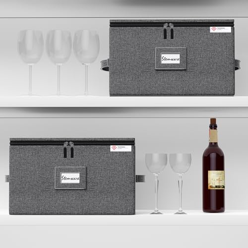 2 Pack Wine Glass Storage Box with Dividers - Hard Shell Stemware Organizer for 12 Glasses, Portable & Sturdy