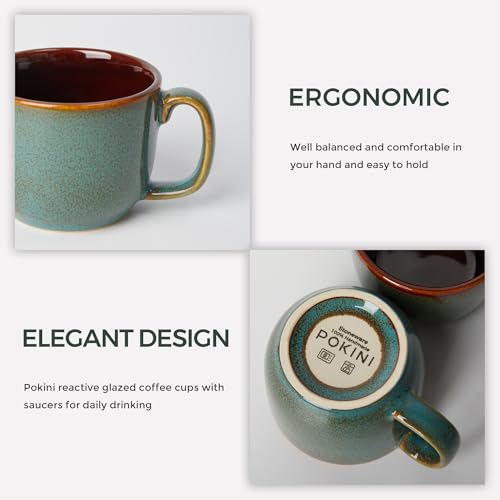 Sage Green Stoneware Coffee Cups with Saucers Set of 4 – Modern Espresso Mug Set