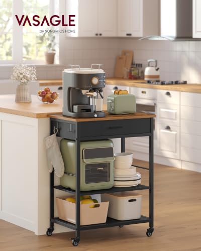VASAGLE Rustic Brown & Ink Black Kitchen Island Cart with Storage, Drawer & Hooks, 17.7 x 23.6 x 35.4 inches