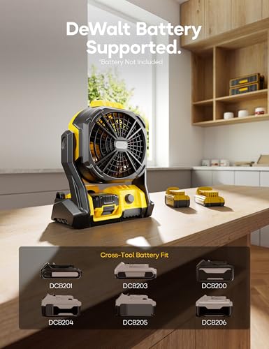Yellow Battery Operated Camping Fan with LED Light, Cordless & Corded, Variable Speed, Hanging Hook - Light Yellow