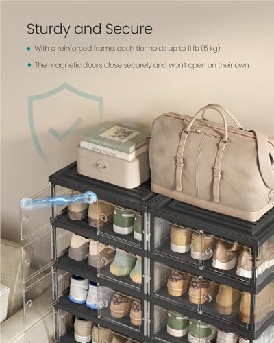 SONGMICS Foldable Shoe Storage Organizer 9-Tier Transparent + Ink Black, Holds 18 Pairs