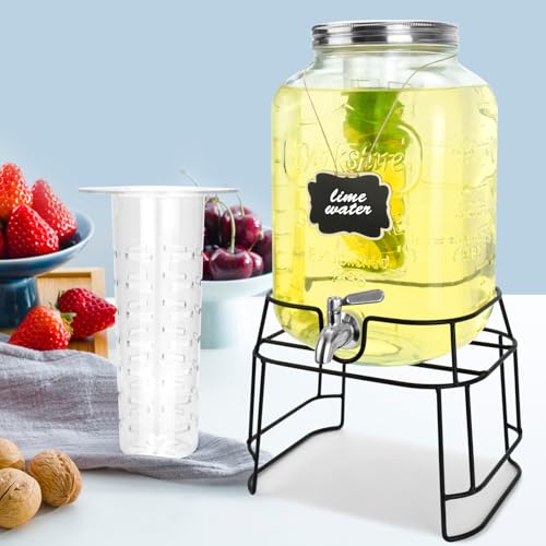 2 Gallon Glass Beverage Dispenser with Stand & Leakproof Stainless Steel Spigot – Lemonade, Water, Iced Tea