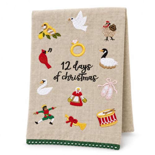 Mud Pie 12 Days of Christmas Embroidered Kitchen Towel, 21x14in Chambray