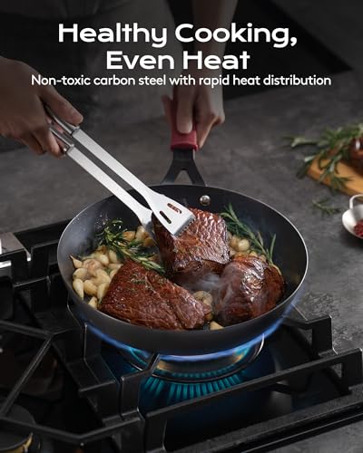 Black 12 Inch Carbon Steel Frying Pan with Lid - Pre-Seasoned Nonstick Skillet