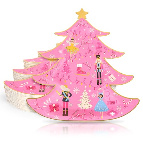 Whaline Pink Nutcracker Christmas Paper Plates 40Pcs - Tree Foil Holiday Party Dinnerware