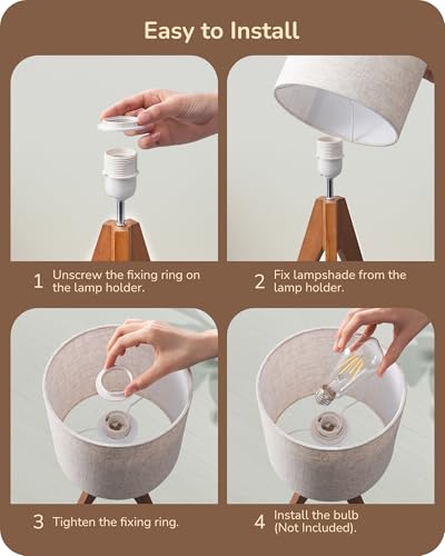 EDISHINE Small Tripod Bedside Table Lamp - Light Brown Wooden Design, 14.2 Inch, E26 Base