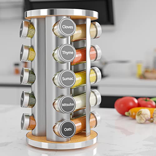 Revolving Spice Rack Set with 20 Jars, Kitchen Tower Organizer for