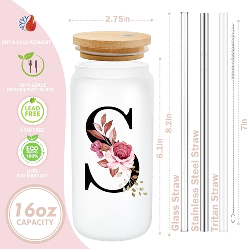 Personalized Monogram Frosted Glass Tumbler with Straw & Lid - Initial R, Custom Coffee Cup Gift for Women