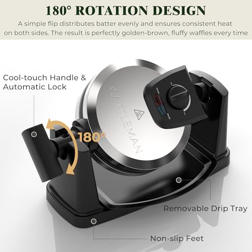 CATTLEMAN Rotating Belgian Waffle Maker with Magnetic Timer and Adjustable Browning