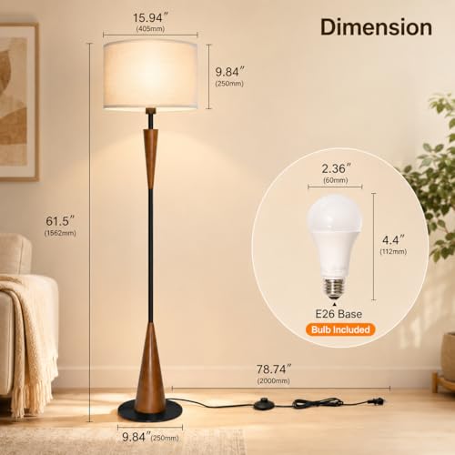 Wood Floor Lamp for Living Room - 61.5 Inch Retro Farmhouse Standing Lamp with 3-Color Temperature - Brown - Includes 9W Bulb & Foot Switch