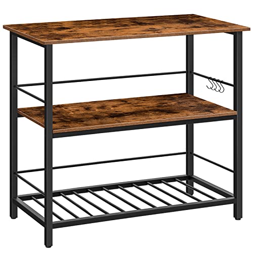 Kitchen Island with Wine Rack and Hooks, Rustic Brown 3-Tier Food Prep Station