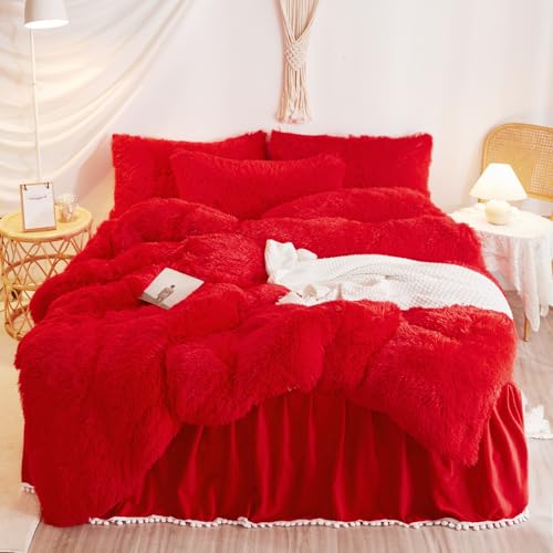 HAIHUA Red Queen Plush Faux Fur Comforter Cover Set with Pillowcases