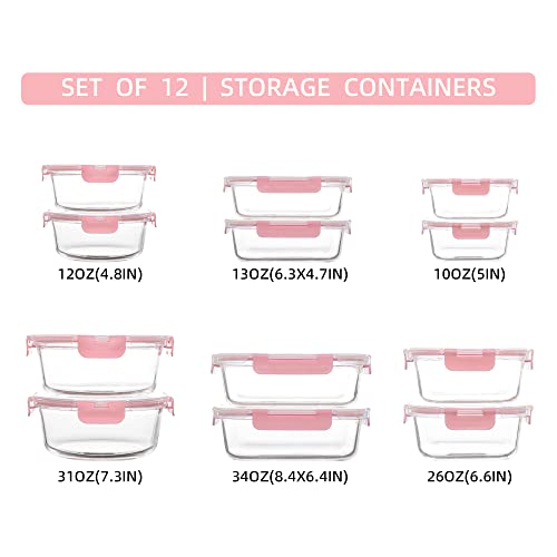 Pink Glass Food Storage Containers Set - Leak-Proof Meal Prep with Lids, 12-Pack