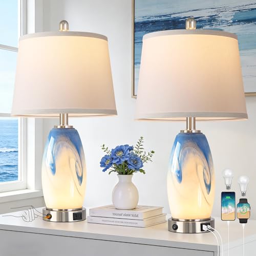 Hamucd Coastal Glass Table Lamp Set of 2 - Pattern 2, 7 Lighting Modes, USB Ports, Nautical Nightstand Lamps for Bedroom & Living Room