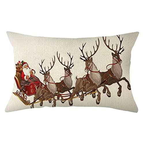 Ogiselestyle Christmas Santa Reindeer Lumbar Throw Pillow Cover, 12 x 20 Inch Xmas Winter Holiday Party Cushion Case Decoration for Sofa Couch