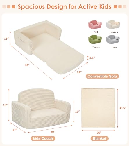 Lanabuna Cream Large 2-in-1 Kids Couch with Storage & Blanket - Toddler Sofa Chair
