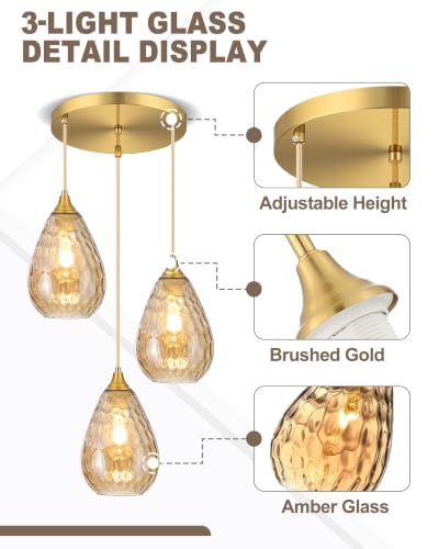 3-Light Pendant Lighting Fixture for Dining Room Modern Amber Glass Chandelier