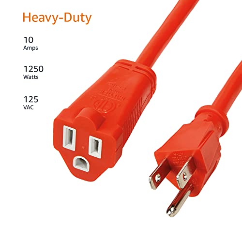 100 ft Outdoor Indoor Extension Cord - Heavy Duty Vinyl Power Cable, 3-Prong, Orange, 10 Amps