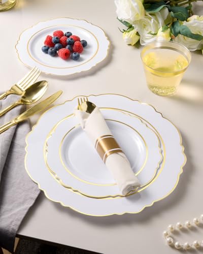realluck Gold Rim Dinnerware Set for 50 Guests - 350 Pcs Disposable Plates & Cutlery