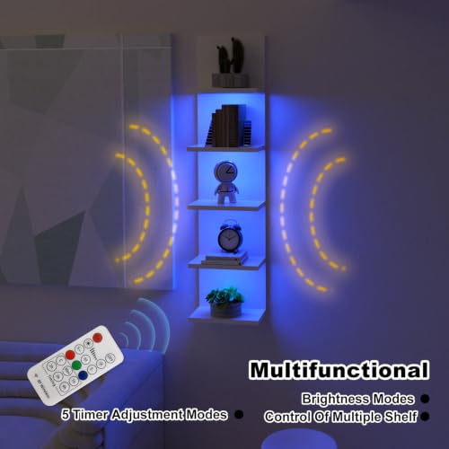 RGB Light 5-Tier Wall Shelf Unit - White, Modern Floating Shelves with Remote